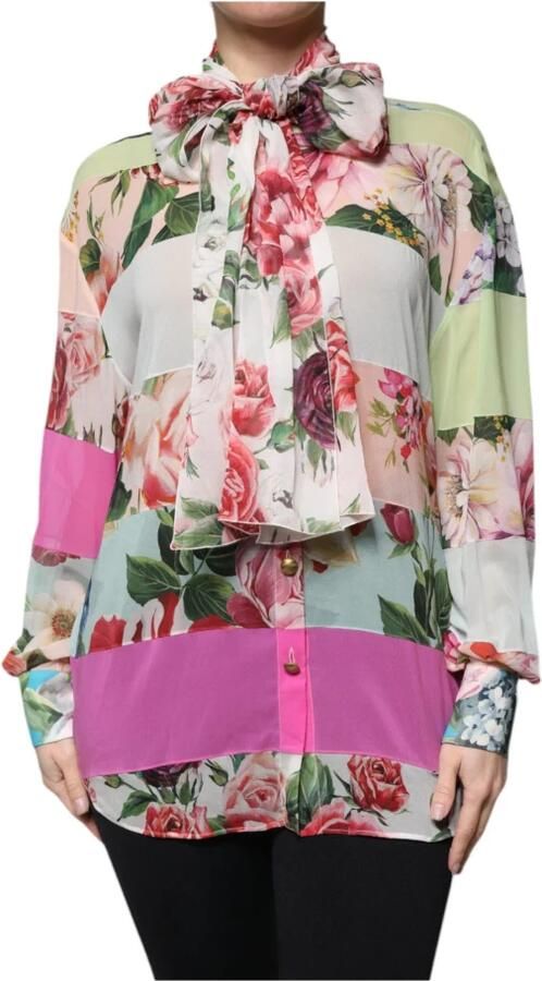 Dolce & Gabbana Bloemen Patchwork Ascot Kraag Zijden Top Multicolor Dames