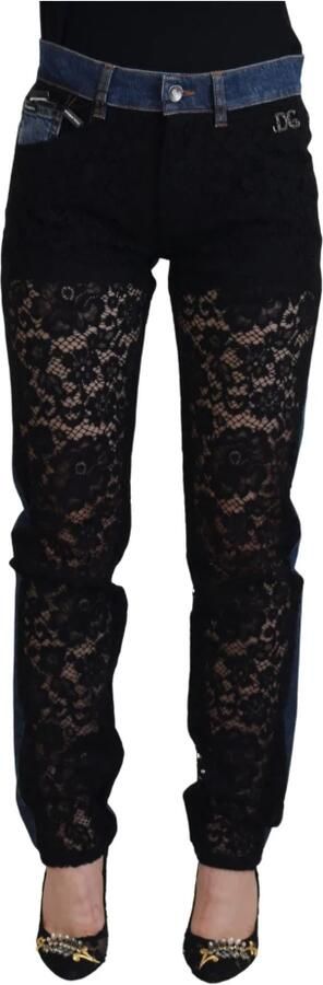 Dolce & Gabbana Zwarte Bloemen Kant Skinny Denim Jeans Blue Dames - Foto 10
