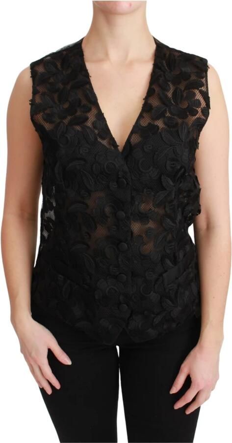 Dolce & Gabbana Black Floral Brocade Top Gilet Waistcoat Zwart Dames - Foto 5
