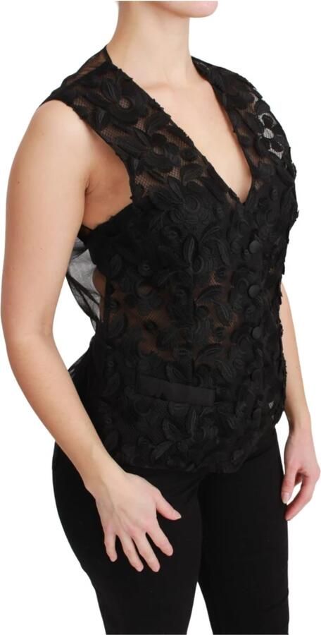 Dolce & Gabbana Black Floral Brocade Top Gilet Waistcoat Zwart Dames - Foto 3