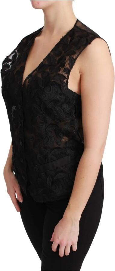 Dolce & Gabbana Black Floral Brocade Top Gilet Waistcoat Zwart Dames - Foto 4