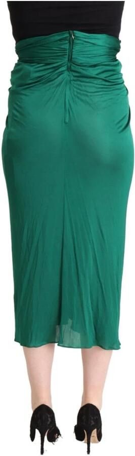 Dolce & Gabbana Dark Green High Waist Midi Pencil Cut Pleated Skirt Groen Dames