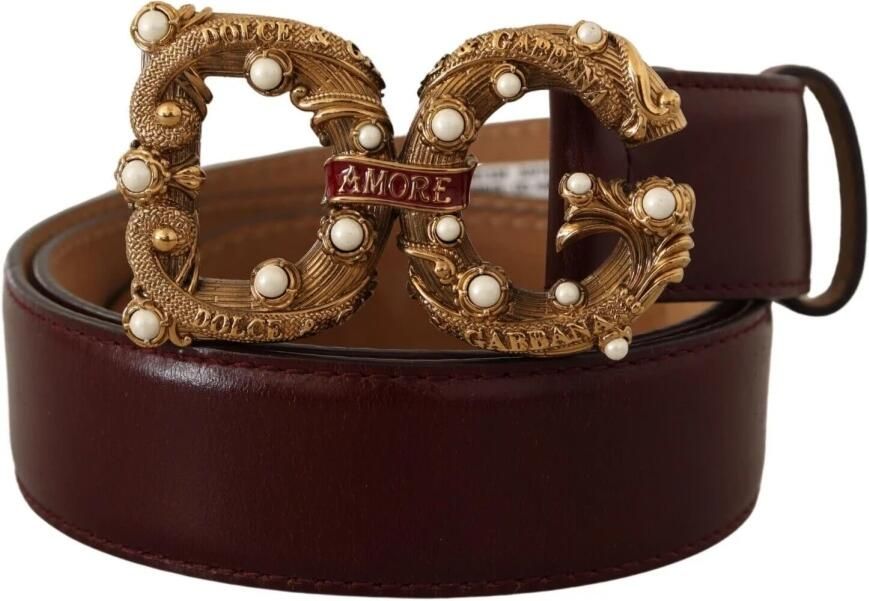 Dolce & Gabbana Bordeaux Leather Brass Logo Buckle Baroque Amore Belt Rood Unisex