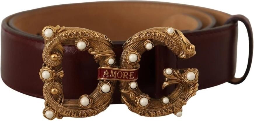 Dolce & Gabbana Bordeaux Leather Brass Logo Buckle Baroque Amore Belt Rood Unisex - Foto 2