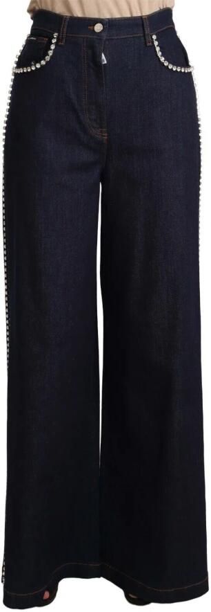 Dolce & Gabbana Dark Blue Crystals Cotton Denim Wide Leg Jeans Blauw Dames