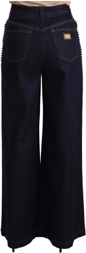 Dolce & Gabbana Dark Blue Crystals Cotton Denim Wide Leg Jeans Blauw Dames - Foto 2