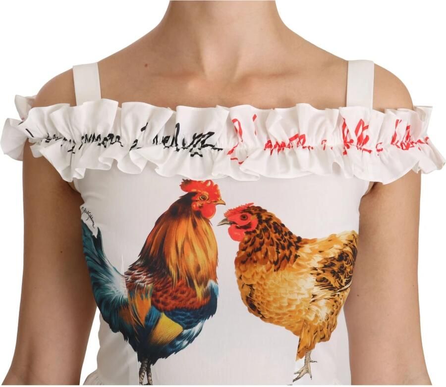 Dolce & Gabbana Elegante witte midi-jurk met haanprint Multicolor Dames