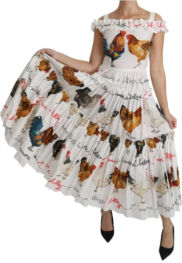 Dolce & Gabbana Elegante witte midi-jurk met haanprint Multicolor Dames - Foto 2