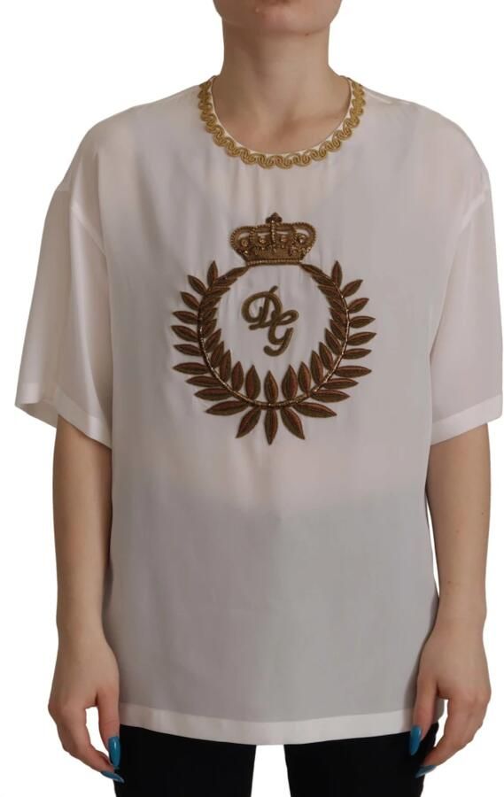 Dolce & Gabbana Elegante Zijden Blouse met Gouden Kroon Borduursel White Dames - Foto 8