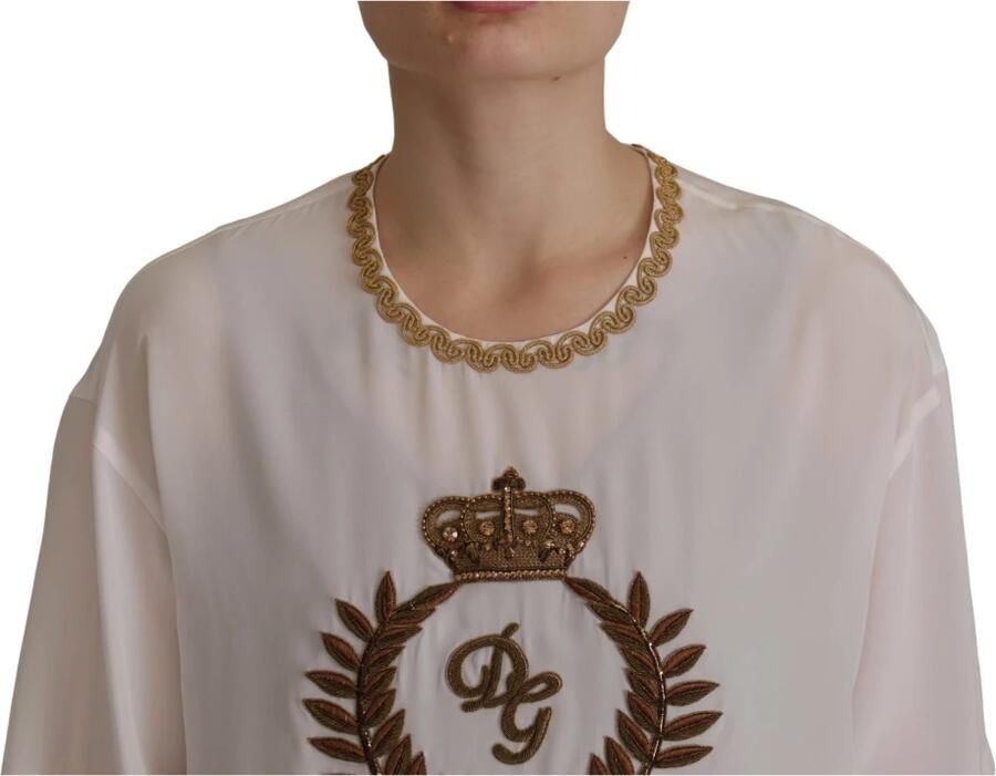 Dolce & Gabbana Elegante Zijden Blouse met Gouden Kroon Borduursel White Dames