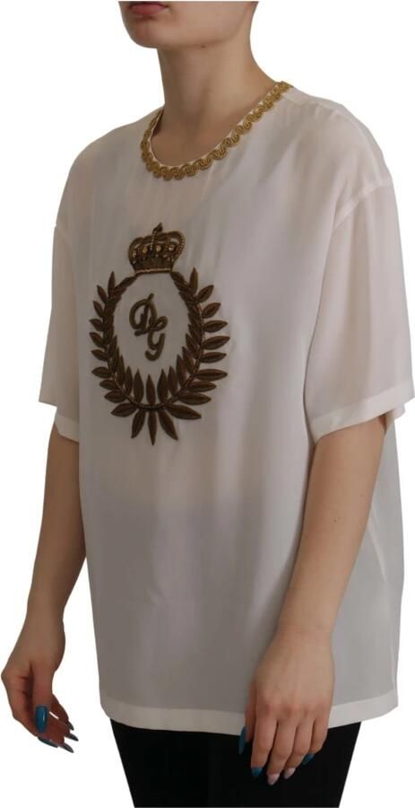 Dolce & Gabbana Elegante Zijden Blouse met Gouden Kroon Borduursel White Dames - Foto 7