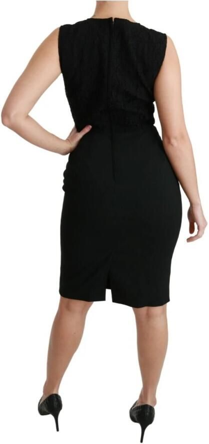 Dolce & Gabbana Zwarte Kanten Mouwloze Sheath Jurk met Logo Details Black Dames