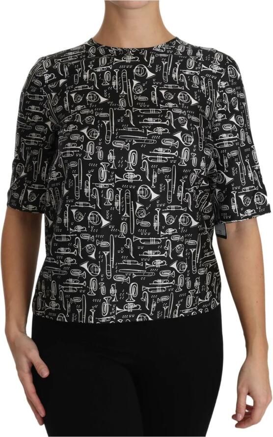 Dolce & Gabbana Zwarte Zijden Blouse met Muziekinstrumenten Black Dames - Foto 5