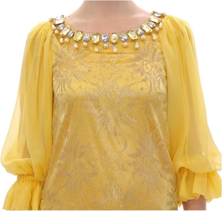 Dolce & Gabbana Gele Kant Mini Jurk met Kristalversiering Yellow Dames