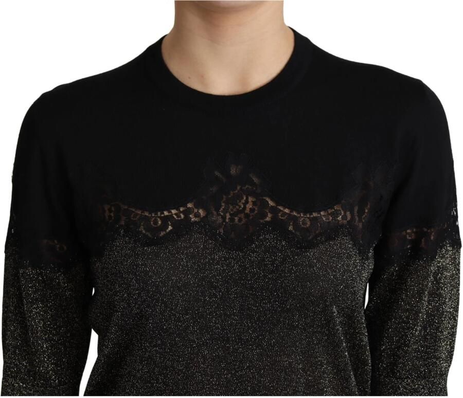 Dolce & Gabbana Black Shiny Lurex Lace Insert Pullover Top Zwart Dames