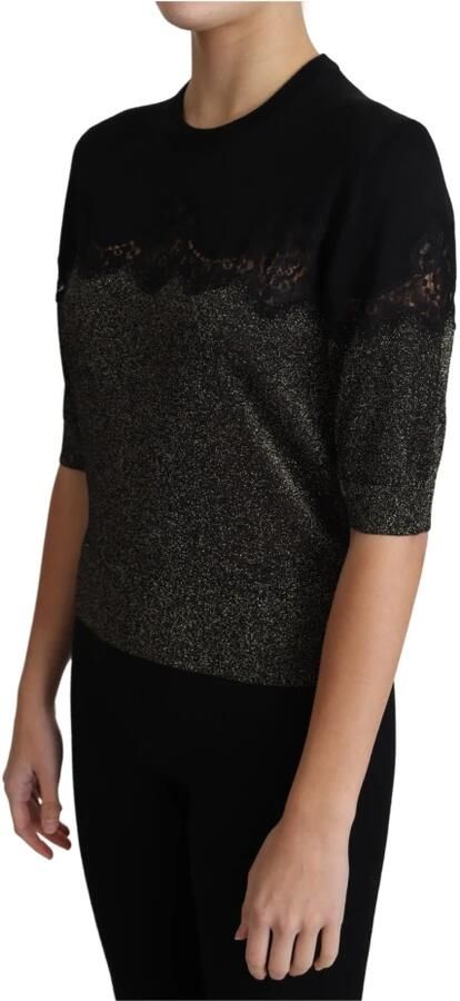 Dolce & Gabbana Black Shiny Lurex Lace Insert Pullover Top Zwart Dames - Foto 2