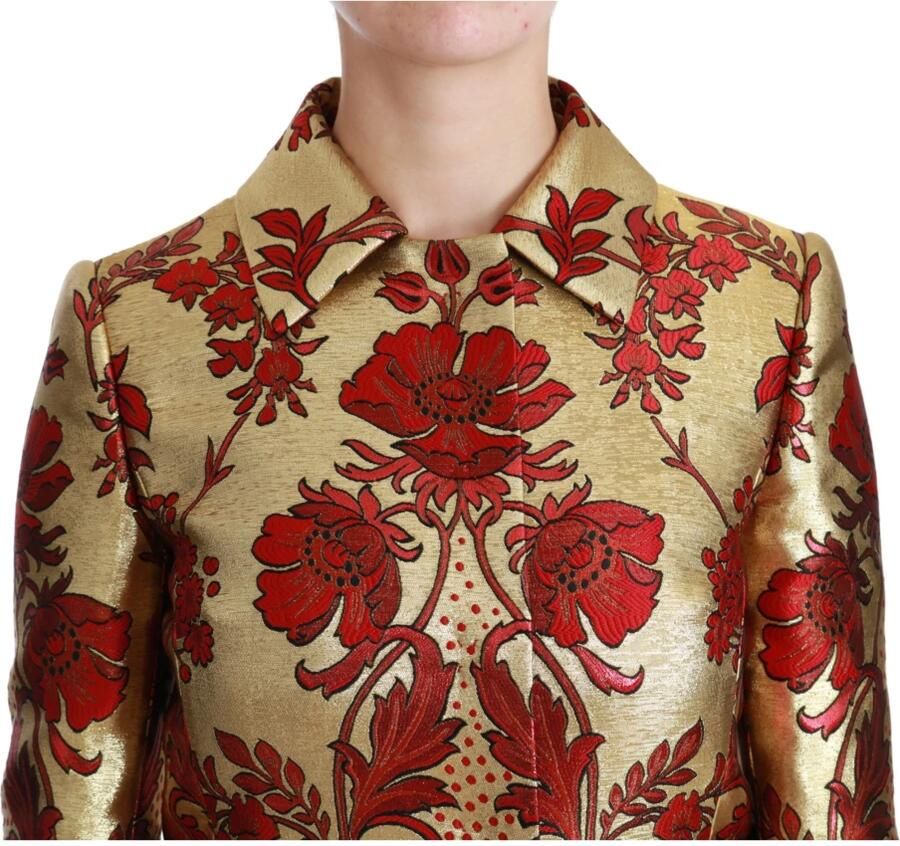 Dolce & Gabbana Elegante Rode Gouden Bloemen Brokaat Cape Jas Yellow Dames
