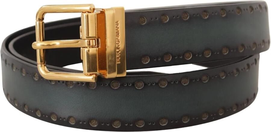 Dolce & Gabbana Groen Geperforeerd Leren Riem met Messing Metaal Green Heren