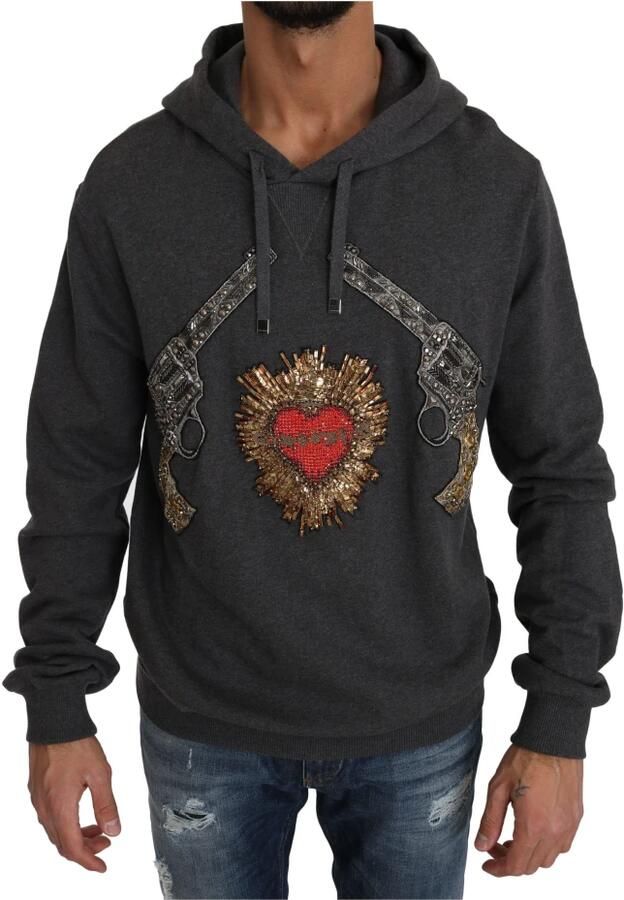 Dolce & Gabbana Grijze Hoodie met Rode Kristallen Hart Pistool Trui Gray Heren - Foto 8