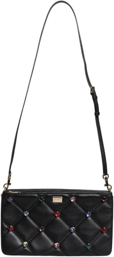 Dolce & Gabbana Kristal Logo Schoudertas Zwart Leer Black Dames - Foto 3