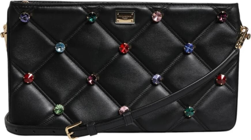Dolce & Gabbana Kristal Logo Schoudertas Zwart Leer Black Dames - Foto 5