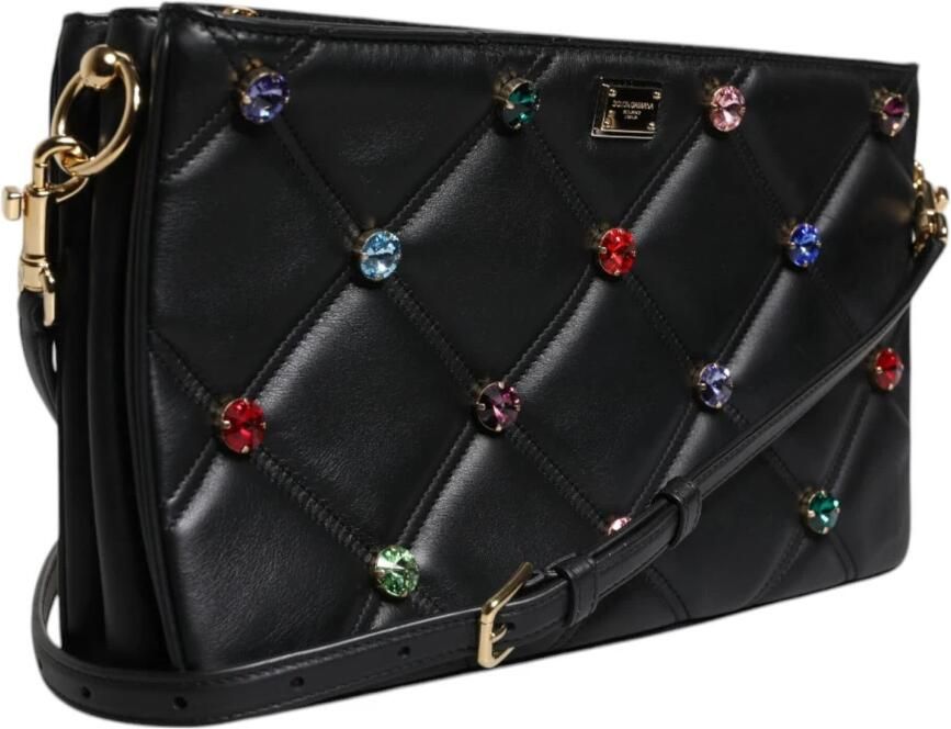 Dolce & Gabbana Kristal Logo Schoudertas Zwart Leer Black Dames