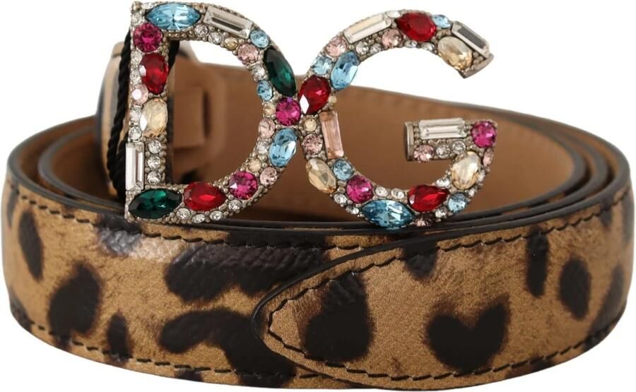 Dolce & Gabbana Luipaard Leren Kristallen Gesp Riem Brown Dames