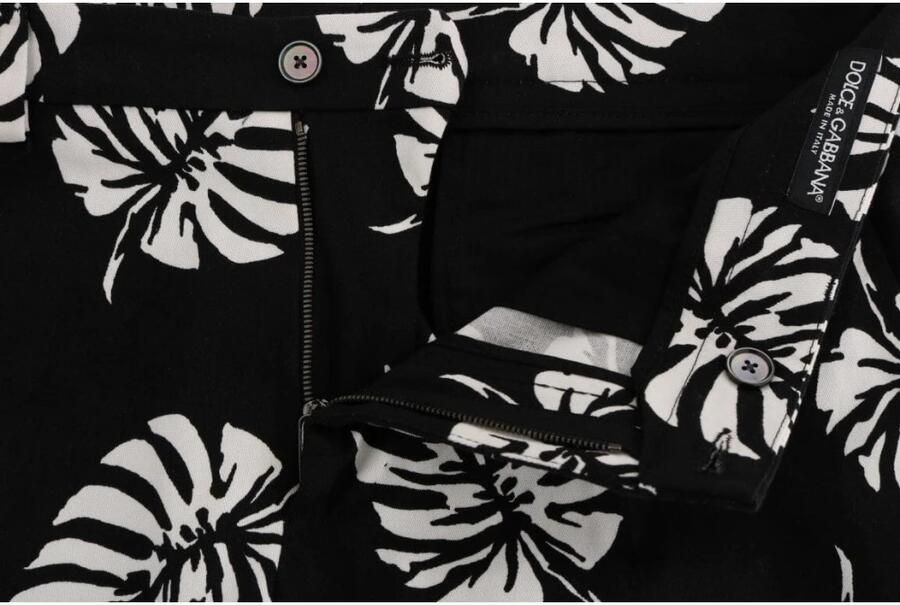 Dolce & Gabbana White Black Leaf Cotton Stretch Slim Pants Zwart Heren