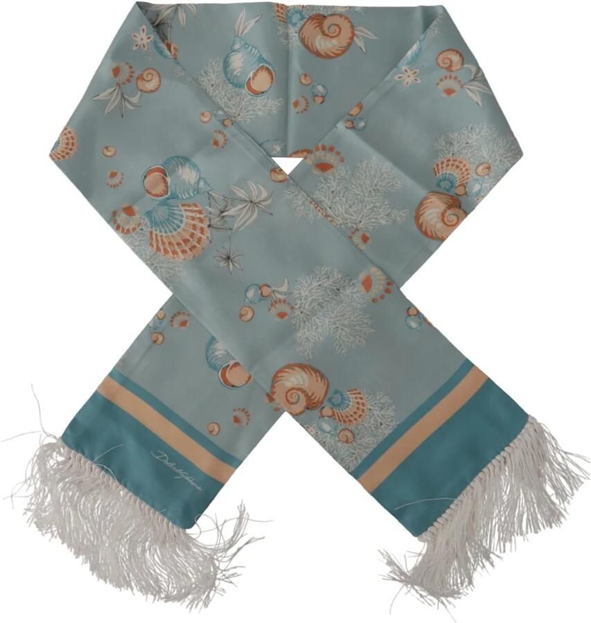Dolce & Gabbana Blauwe Zijden Schelpenprint Sjaal met Franjes Blue Unisex