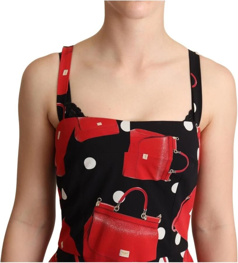Dolce & Gabbana Black Red Bag Print A-line Mid Length Dress Rood Dames
