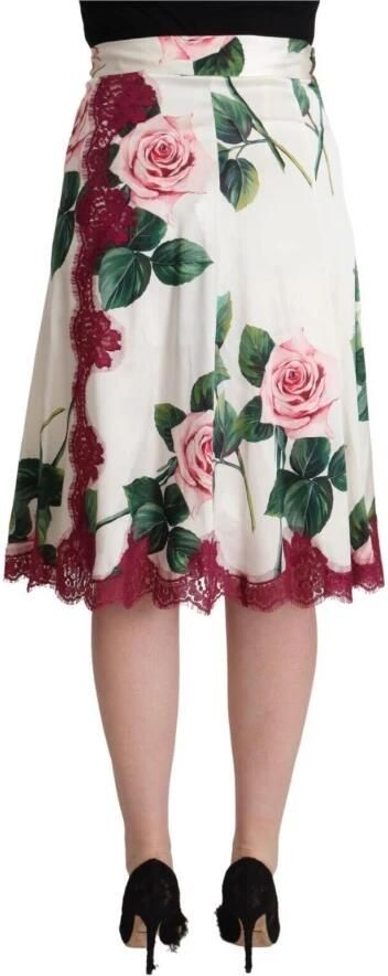 Dolce & Gabbana Witte rozenprint hoge taille midi A-lijn rok White Dames