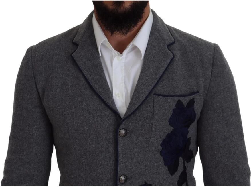 Dolce & Gabbana Elegante grijze wollen blazer met blauwe rozenborduursel Blue Heren - Foto 7