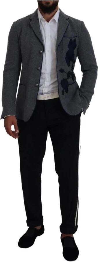 Dolce & Gabbana Elegante grijze wollen blazer met blauwe rozenborduursel Blue Heren - Foto 6