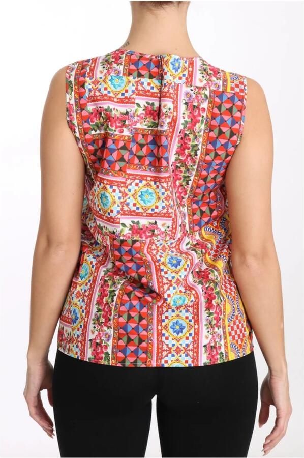 D&G Overhemd D&G Dolce Gabbana Printed Silk Top Mouwloze Blouse