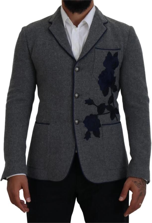 Dolce & Gabbana Elegante grijze wollen blazer met blauwe rozenborduursel Blue Heren - Foto 2