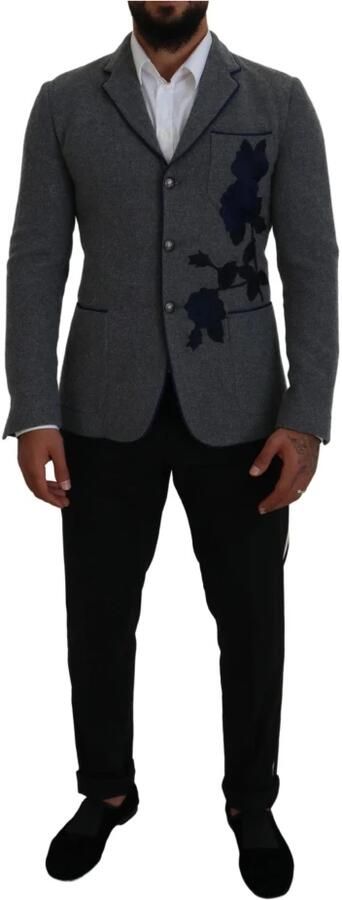 Dolce & Gabbana Elegante grijze wollen blazer met blauwe rozenborduursel Blue Heren - Foto 5
