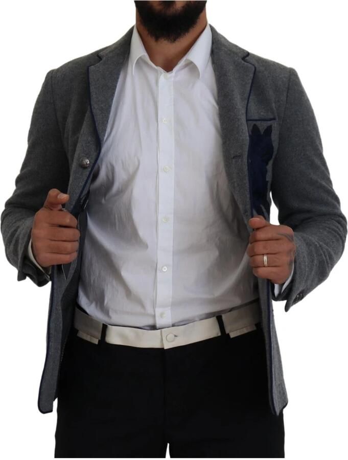 Dolce & Gabbana Elegante grijze wollen blazer met blauwe rozenborduursel Blue Heren