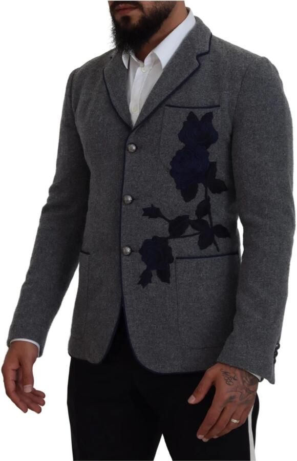 Dolce & Gabbana Elegante grijze wollen blazer met blauwe rozenborduursel Blue Heren - Foto 4