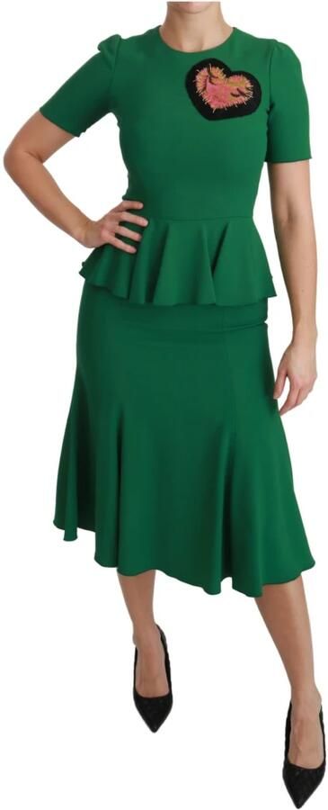 D&G Jurk D&G Dolce Gabbana Jurk Smaragdgroen Peplum Taille Korte Mouwen - Foto 2