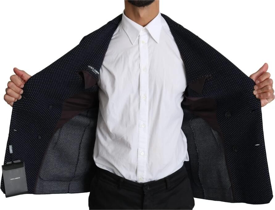 Dolce & Gabbana Donkerblauwe gestippelde dubbelrijige blazer met logo details Blue Heren