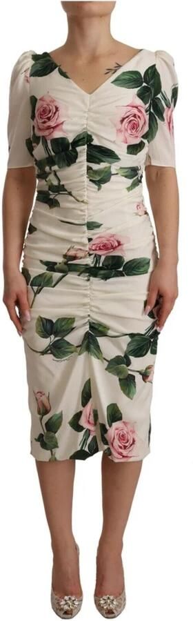 Dolce & Gabbana White Roses Print Stretch Silk Pleated Dress Wit Dames - Foto 6