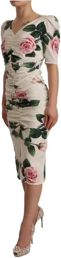 Dolce & Gabbana White Roses Print Stretch Silk Pleated Dress Wit Dames - Foto 5