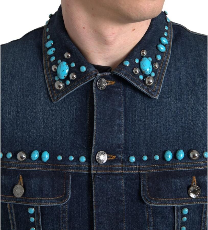Dolce & Gabbana Turquoise Denim Jack met Versieringen Blue Heren