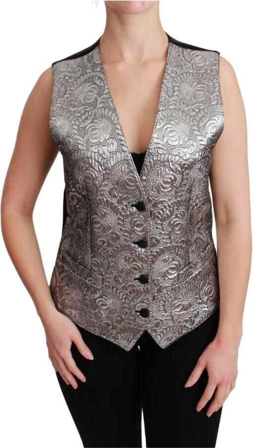 Dolce & Gabbana Glamoureuze Zilveren Brokaat Mouwloze Top Gray Dames - Foto 5