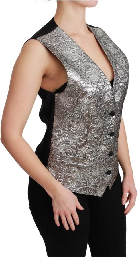 Dolce & Gabbana Glamoureuze Zilveren Brokaat Mouwloze Top Gray Dames - Foto 3