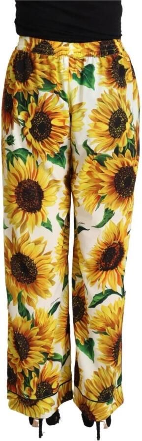 Dolce & Gabbana White Sunflower Print Mid Waist Wide Leg Pants Wit Dames