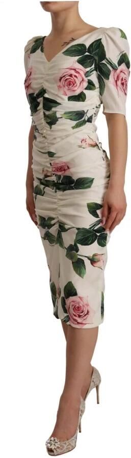 Dolce & Gabbana White Roses Print Stretch Silk Pleated Dress Wit Dames - Foto 4