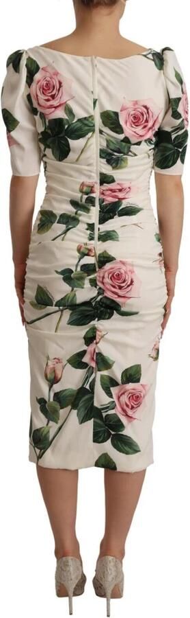 Dolce & Gabbana White Roses Print Stretch Silk Pleated Dress Wit Dames - Foto 2