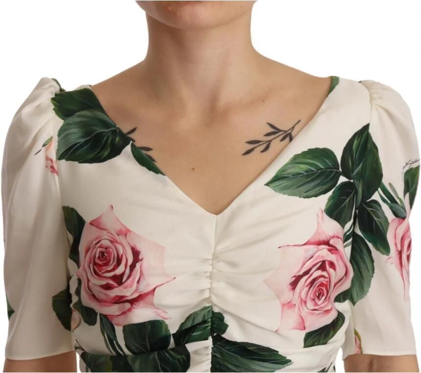 Dolce & Gabbana White Roses Print Stretch Silk Pleated Dress Wit Dames