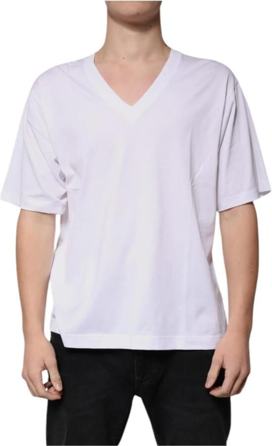 Dolce & Gabbana Witte Katoenen V-hals Logo T-shirt White Heren